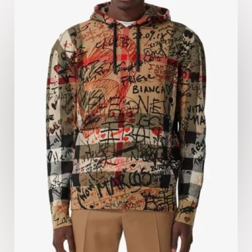 Burberry graffiti print checked hoodie